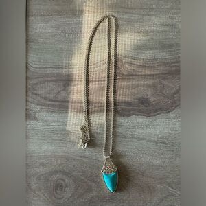 Cookie Lee Signed Long Gold Toned Necklace faux Turquoise Arrow Pendant